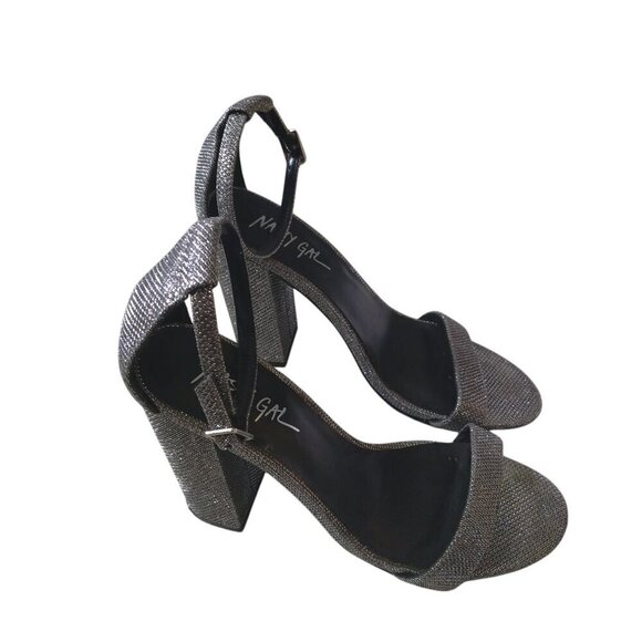 Nasty Gal Women's Size 8 Silver Glitter Metallic Block Heel Ankle Strap Sandals - Picture 1 of 6